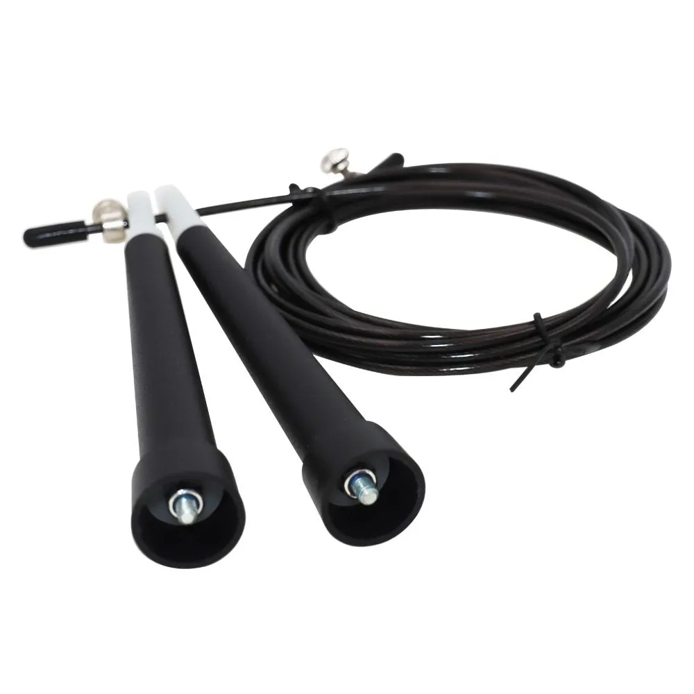 High speed steel wire fitness rope with 3m length, PVC coating, and PP handles on a smooth indoor floor