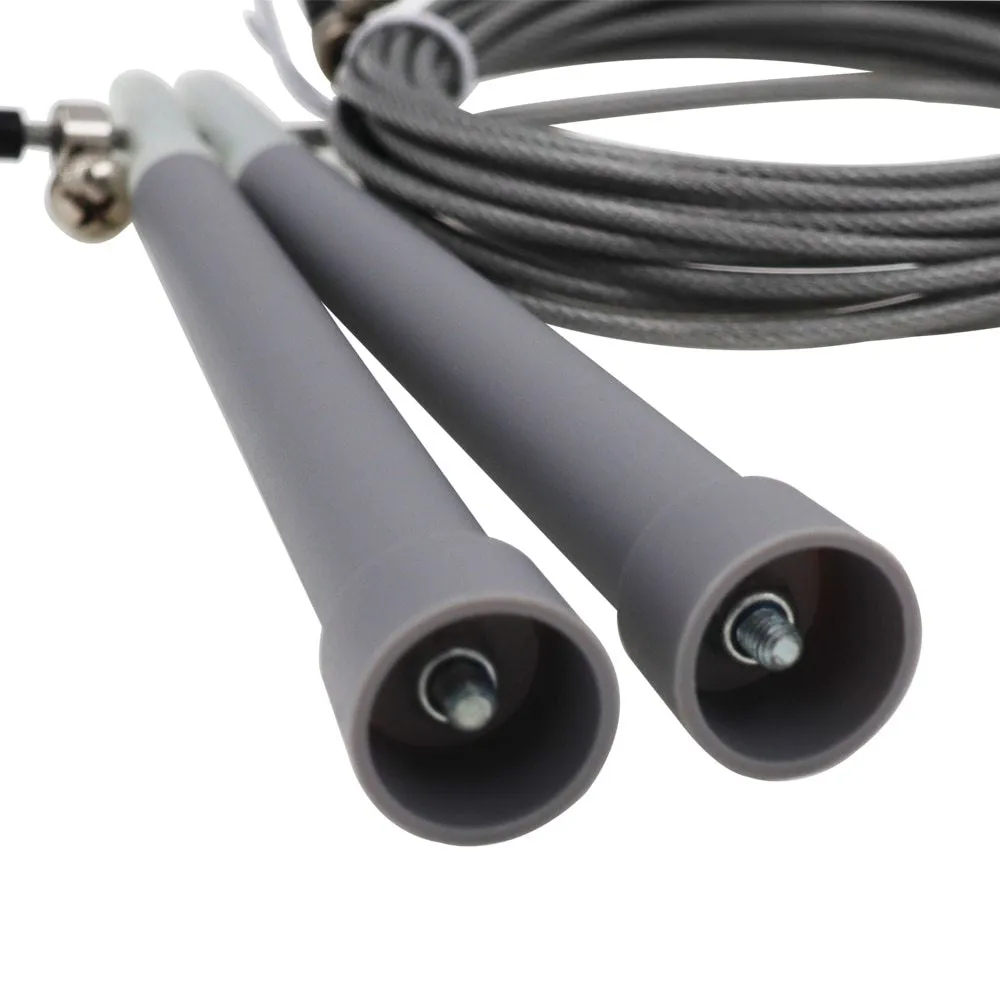 High speed steel wire fitness rope with 3m length, PVC coating, and PP handles on a smooth indoor floor