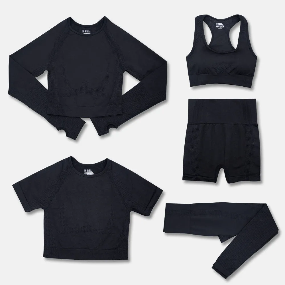 Women's yoga clothes 5-piece set nylon fabric solid colour black