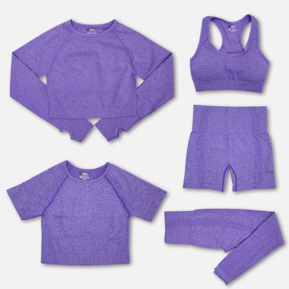 Women's yoga clothes 5-piece set nylon fabric solid colour black