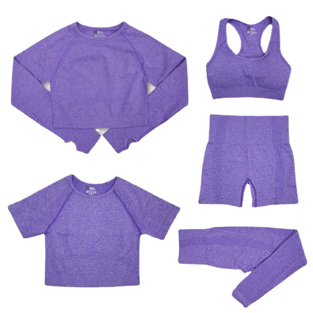 Women's yoga clothes 5-piece set nylon fabric solid colour black