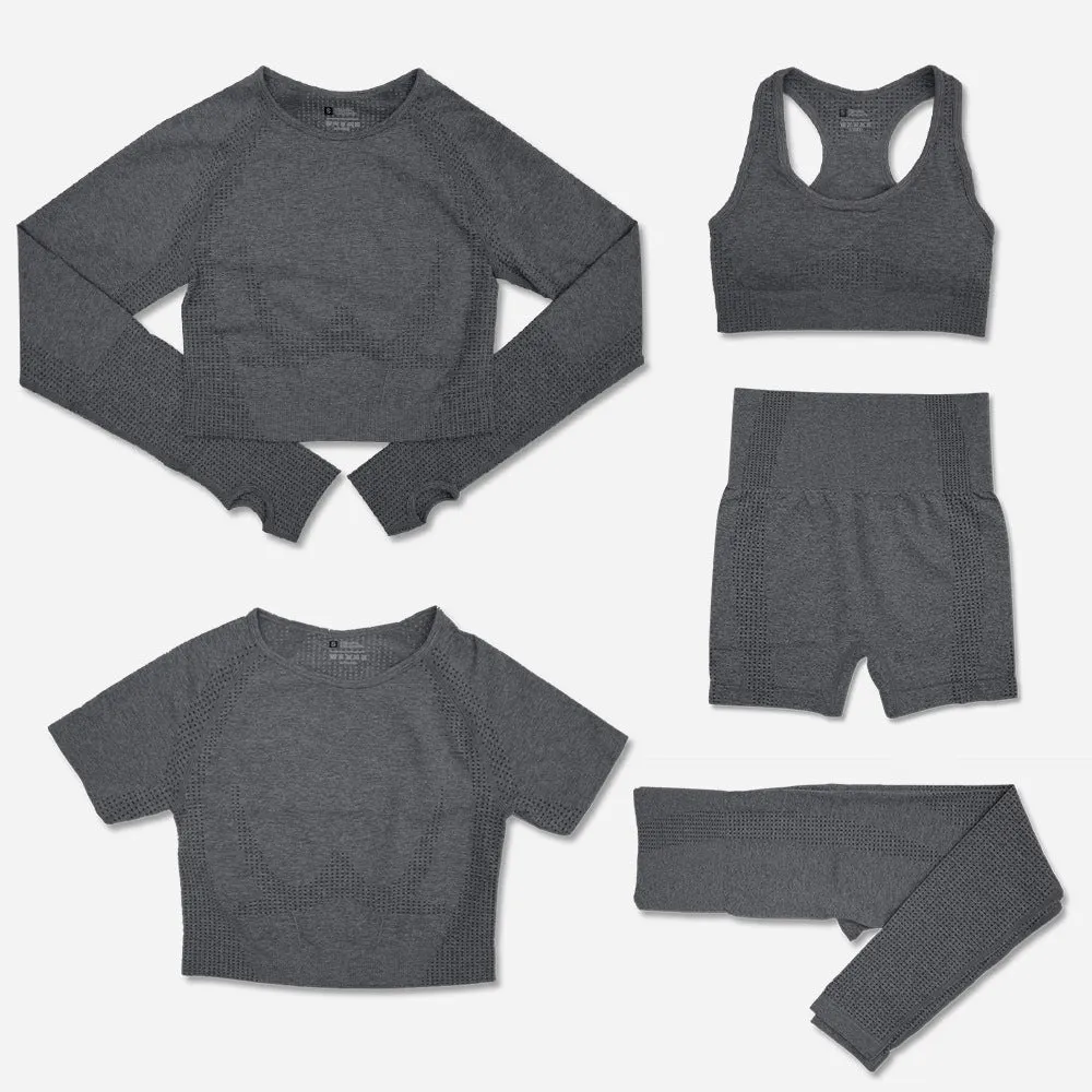 Women's yoga clothes 5-piece set nylon fabric solid colour black