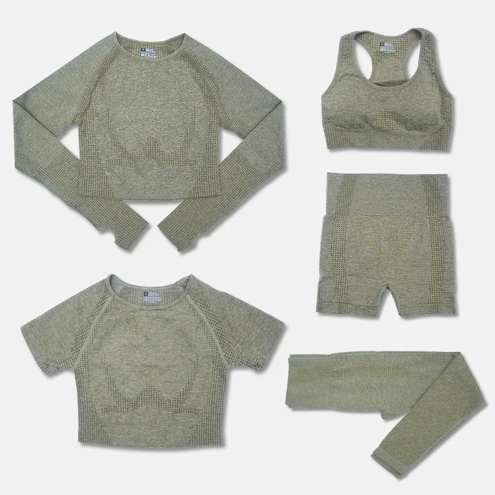 Women's yoga clothes 5-piece set nylon fabric solid colour black