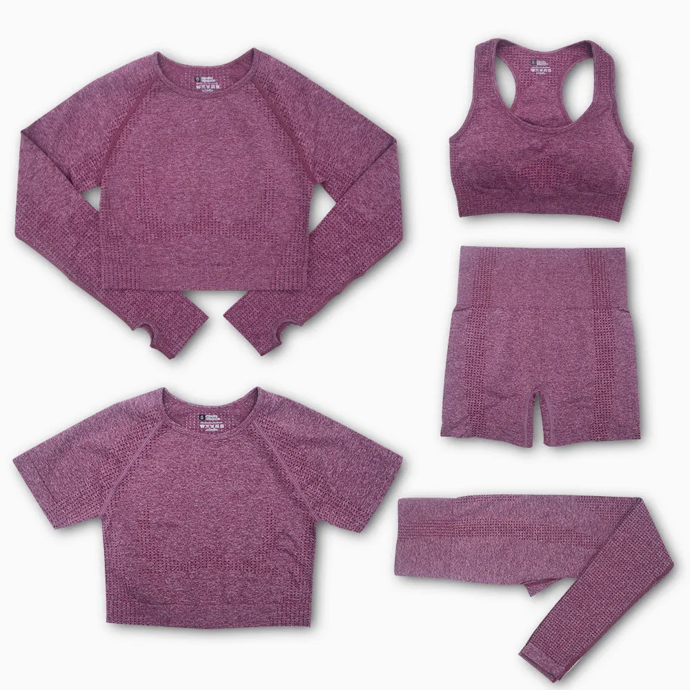 Women's yoga clothes 5-piece set nylon fabric solid colour black