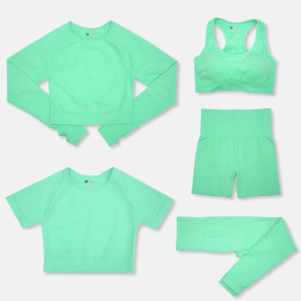 Women's yoga clothes 5-piece set nylon fabric solid colour black