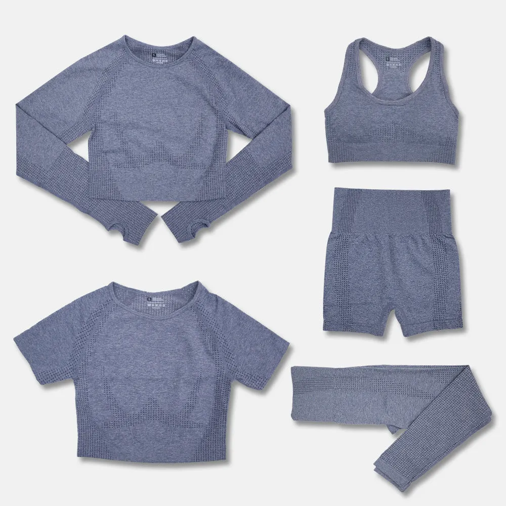 Women's yoga clothes 5-piece set nylon fabric solid colour black