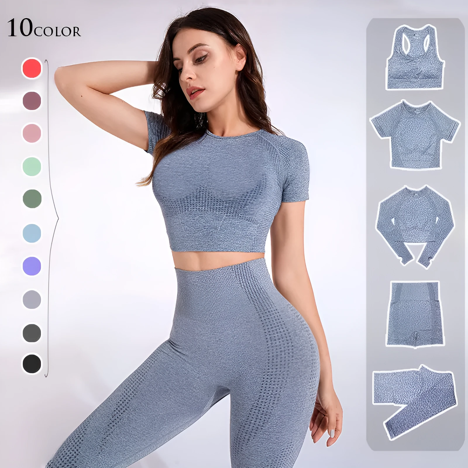 Women's yoga clothes 5-piece set nylon fabric solid colour black