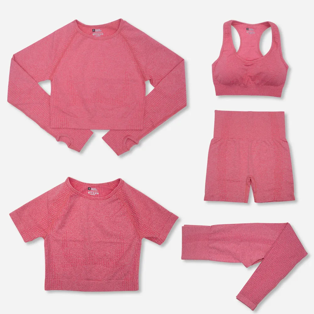 Women's yoga clothes 5-piece set nylon fabric solid colour black
