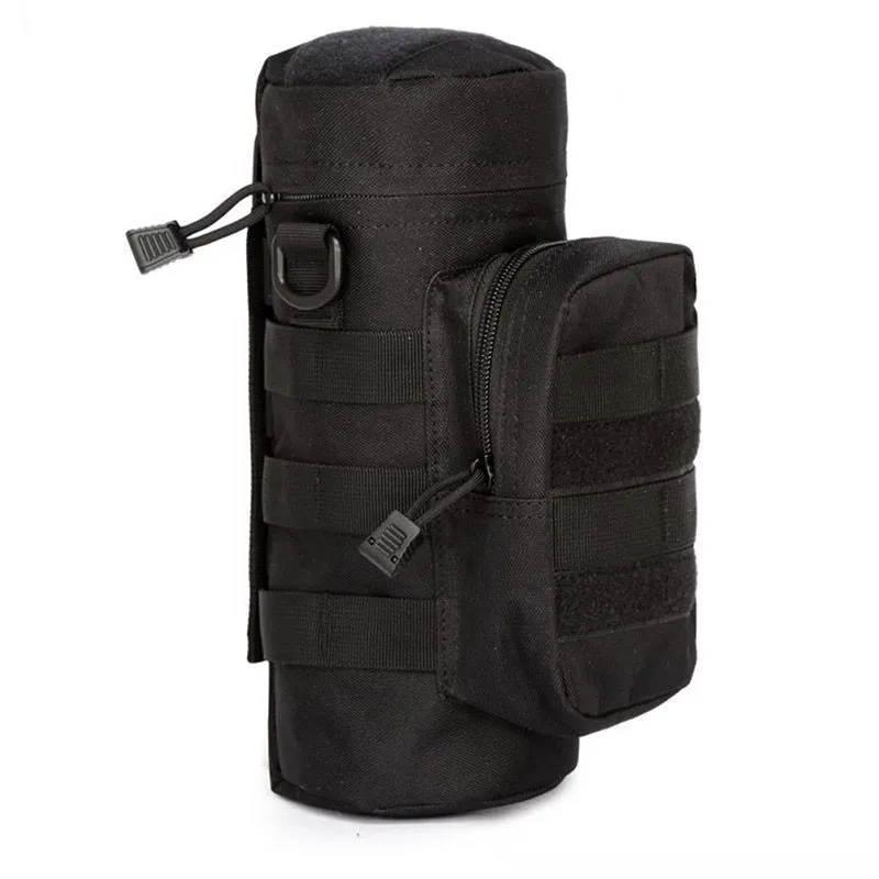 Outdoors Molle water bottle pouch in army green attached to backpack with zippered main and side pouches