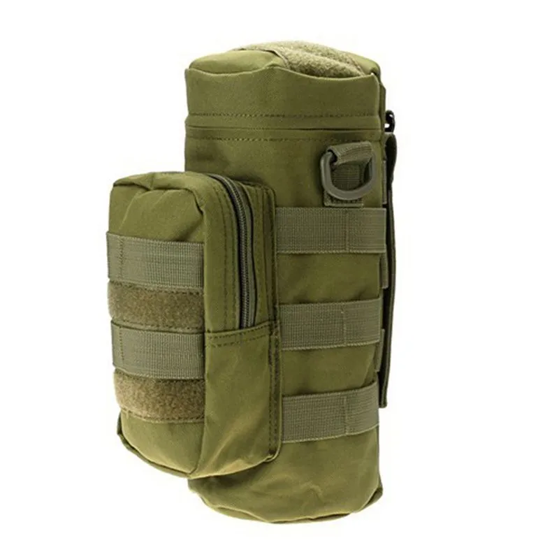 Outdoors Molle water bottle pouch in army green attached to backpack with zippered main and side pouches