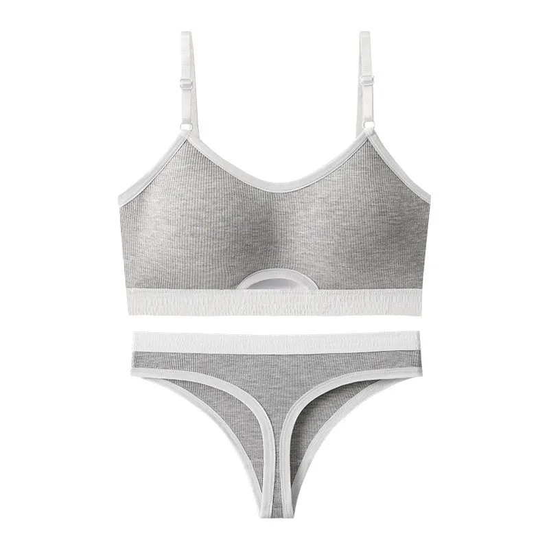 Beauty back sports bra and briefs set in contrasting colour with moulded cup and fixed shoulder straps.