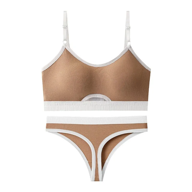 Beauty back sports bra and briefs set in contrasting colour with moulded cup and fixed shoulder straps.