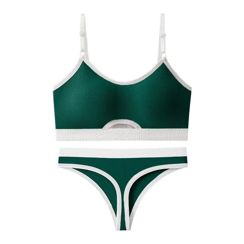 Beauty back sports bra and briefs set in contrasting colour with moulded cup and fixed shoulder straps.
