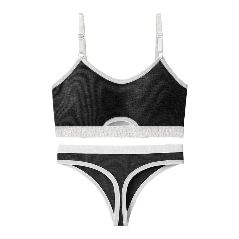 Beauty back sports bra and briefs set in contrasting colour with moulded cup and fixed shoulder straps.