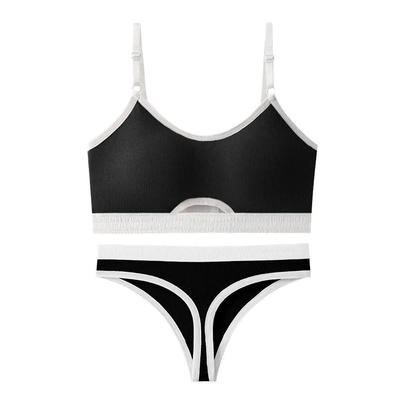 Beauty back sports bra and briefs set in contrasting colour with moulded cup and fixed shoulder straps.