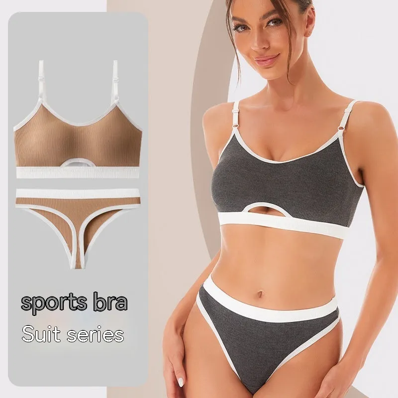 Beauty back sports bra and briefs set in contrasting colour with moulded cup and fixed shoulder straps.