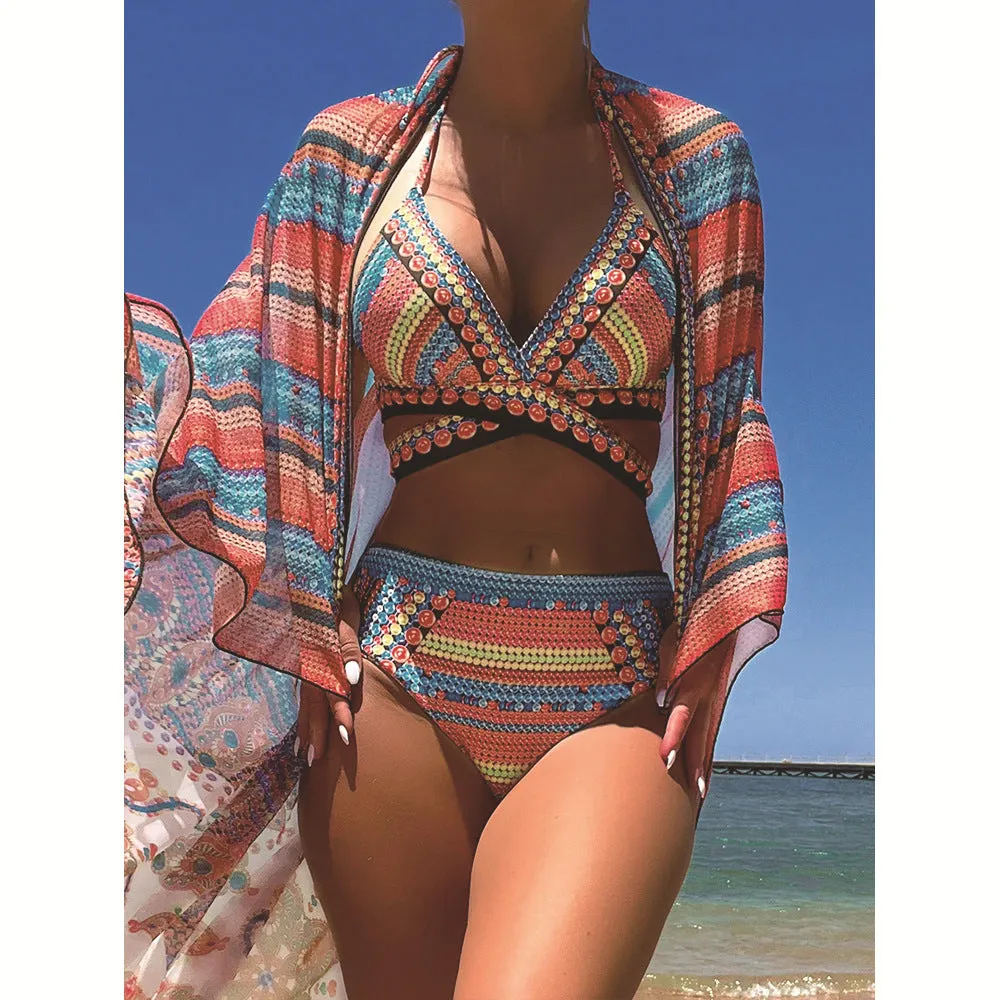 Women's blue cross bandage style high waist bikini swimsuit three-piece set on a mannequin.