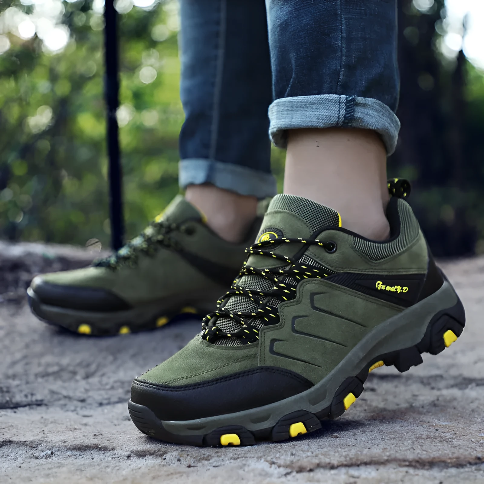 Men's outdoor hiking sports shoes with front zipper in army green, low-top rubber sole design