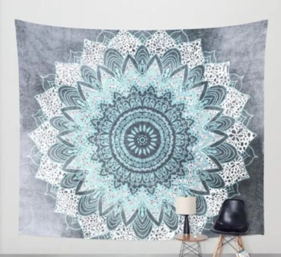 Indian mandala tapestry with green blue geometric floral pattern, 210x150cm, polyester, displayed as wall art