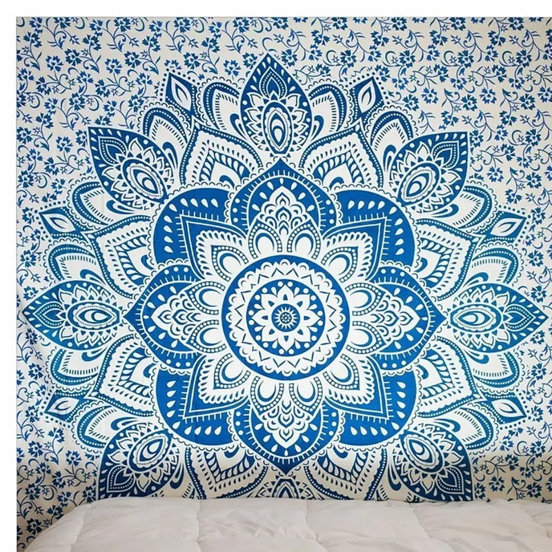 Indian mandala tapestry with green blue geometric floral pattern, 210x150cm, polyester, displayed as wall art