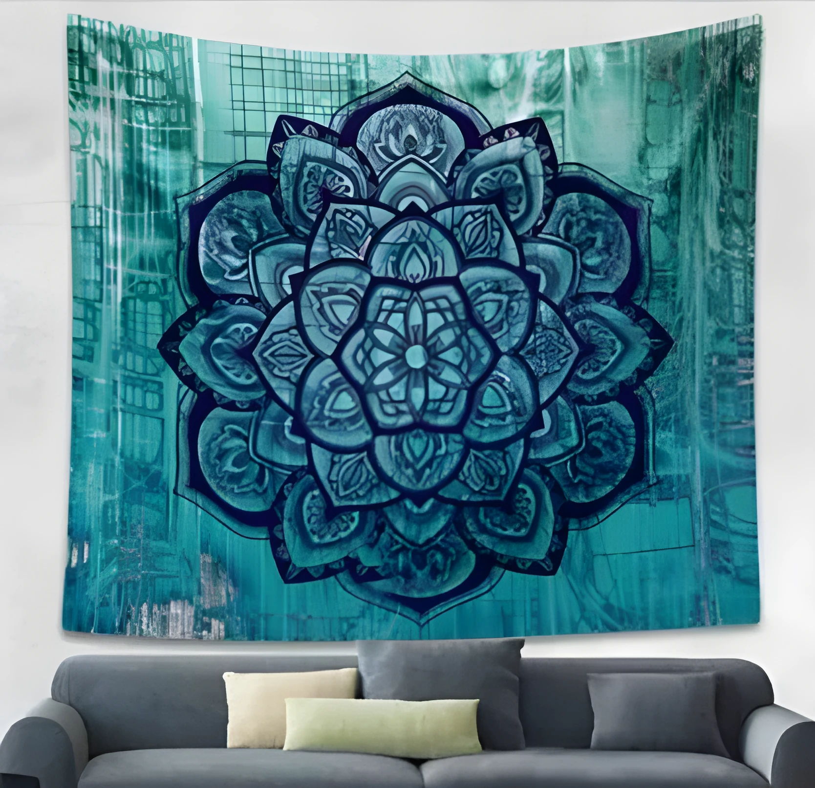 Indian mandala tapestry with green blue geometric floral pattern, 210x150cm, polyester, displayed as wall art