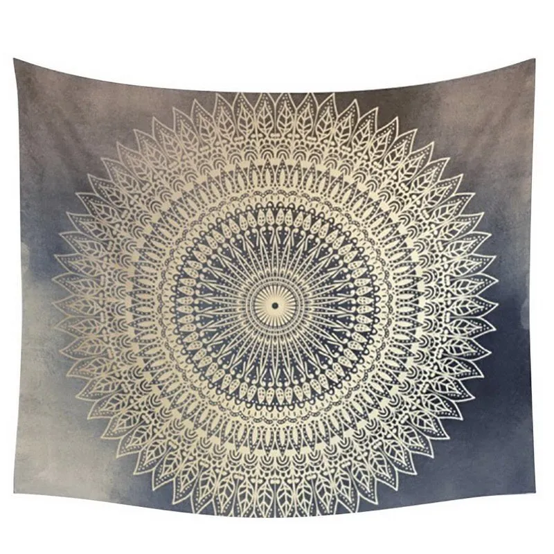 Indian mandala tapestry with green blue geometric floral pattern, 210x150cm, polyester, displayed as wall art