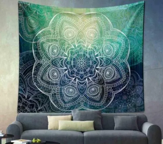 Indian mandala tapestry with green blue geometric floral pattern, 210x150cm, polyester, displayed as wall art