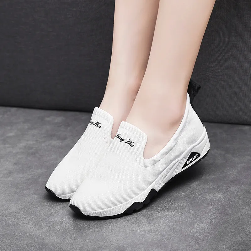 Women canvas shoes with super high heel, leather and fabric upper, low-top slip-on design, in white