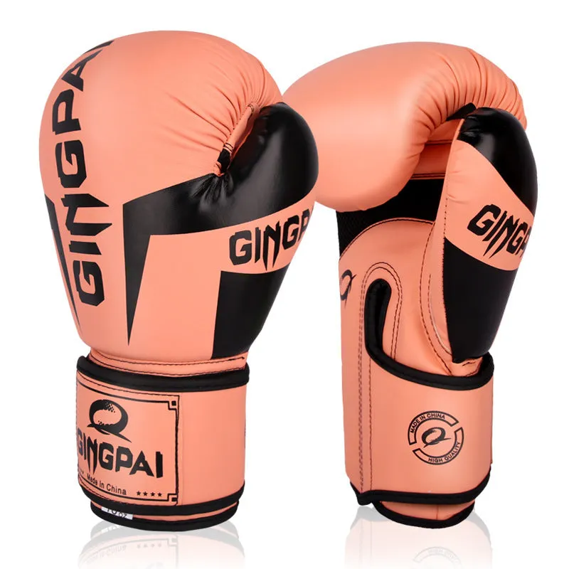 Pair of PU leather training boxing gloves in vertical style with white and black colour scheme
