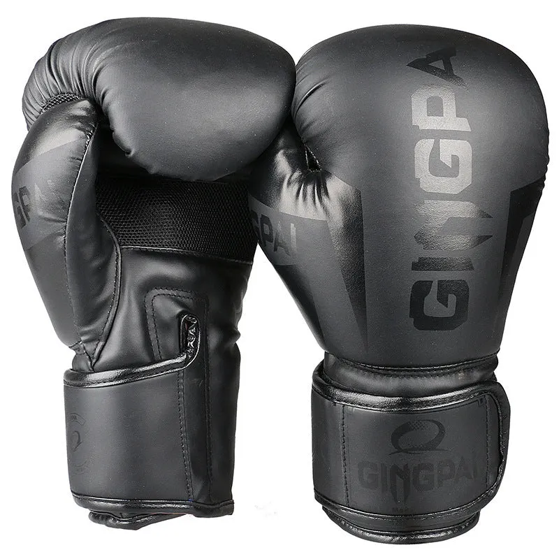 Pair of PU leather training boxing gloves in vertical style with white and black colour scheme