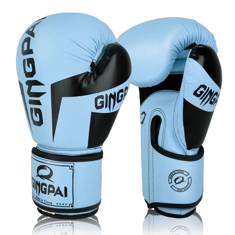 Pair of PU leather training boxing gloves in vertical style with white and black colour scheme