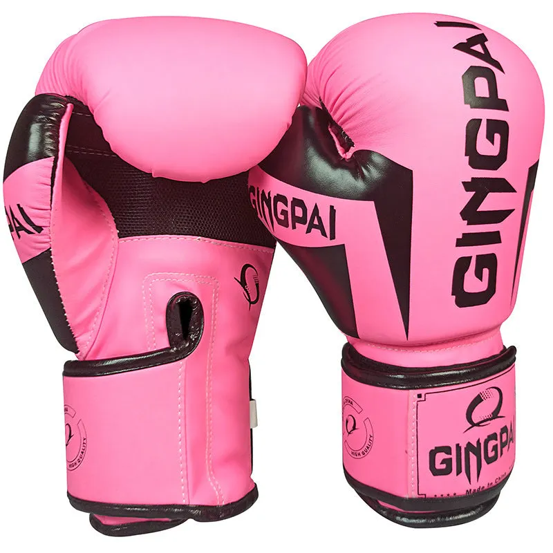 Pair of PU leather training boxing gloves in vertical style with white and black colour scheme