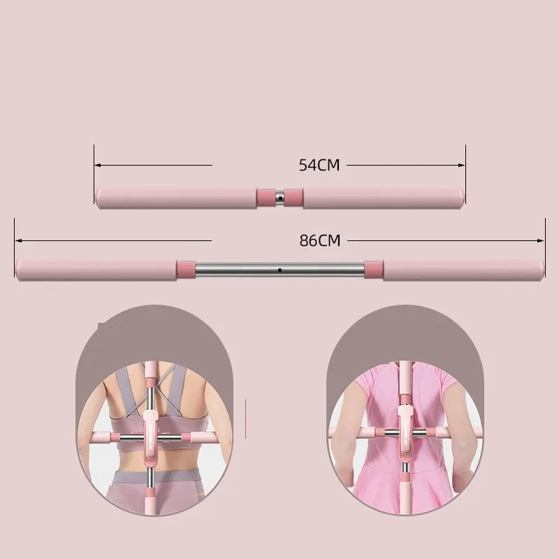 Adjustable yoga shoulder correction back stick in pink, blue, and green with 54-86cm range