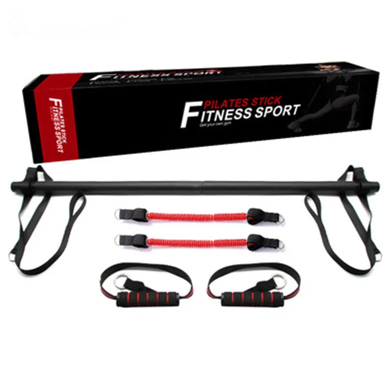 Pilates stick fitness set with black red foldable rod and two resistance bands for yoga and strength
