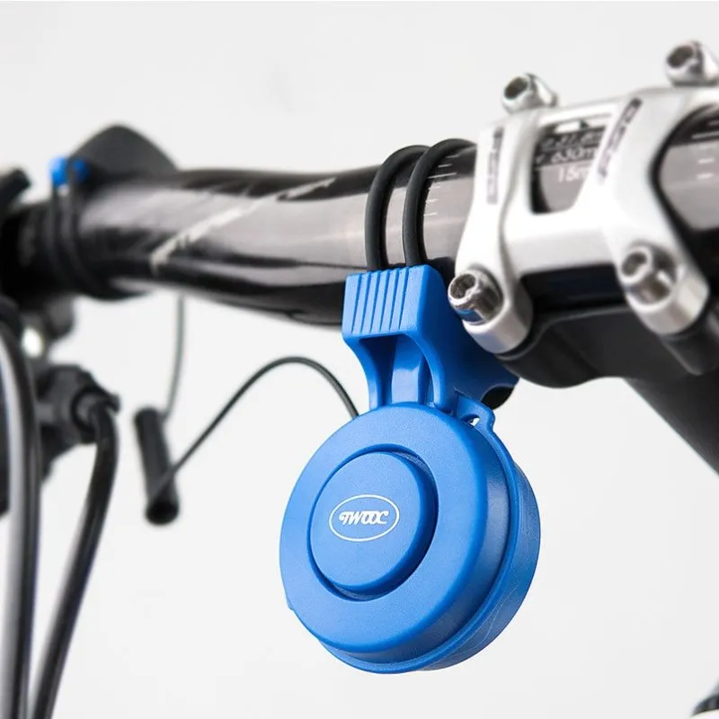 TWOOC T-002 black bicycle electronic horn with wired switch mounted on handlebar, USB rechargeable, 110-120db splash proof
