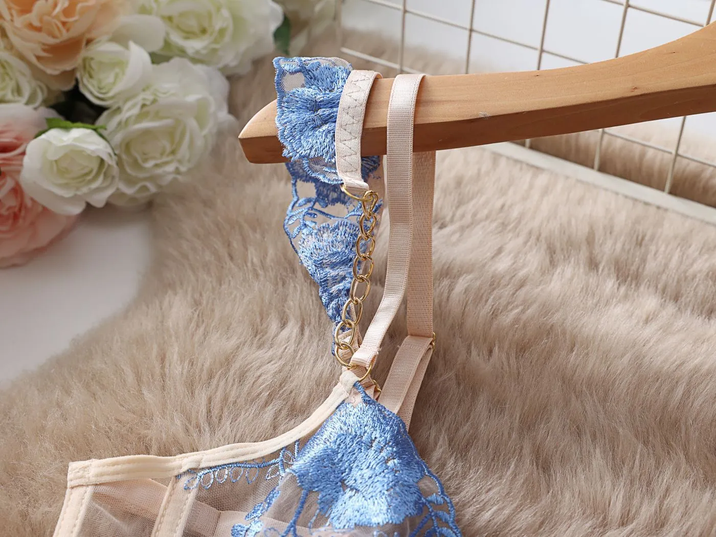 Light blue lace push-up bra and matching pants set with mesh detailing