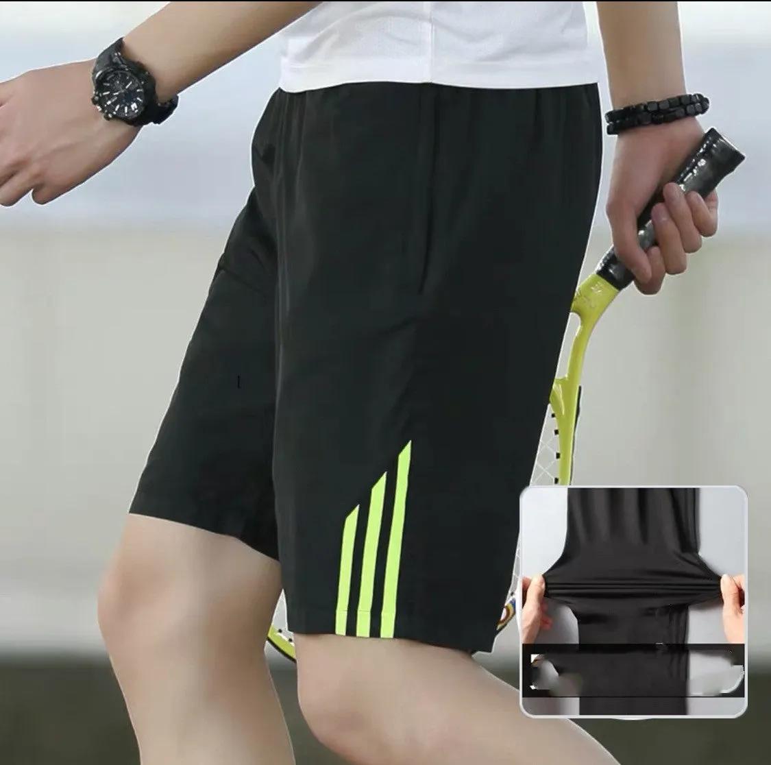 Men's three-bar quick-drying cotton fitness shorts in geometric pattern, blue colour, front view
