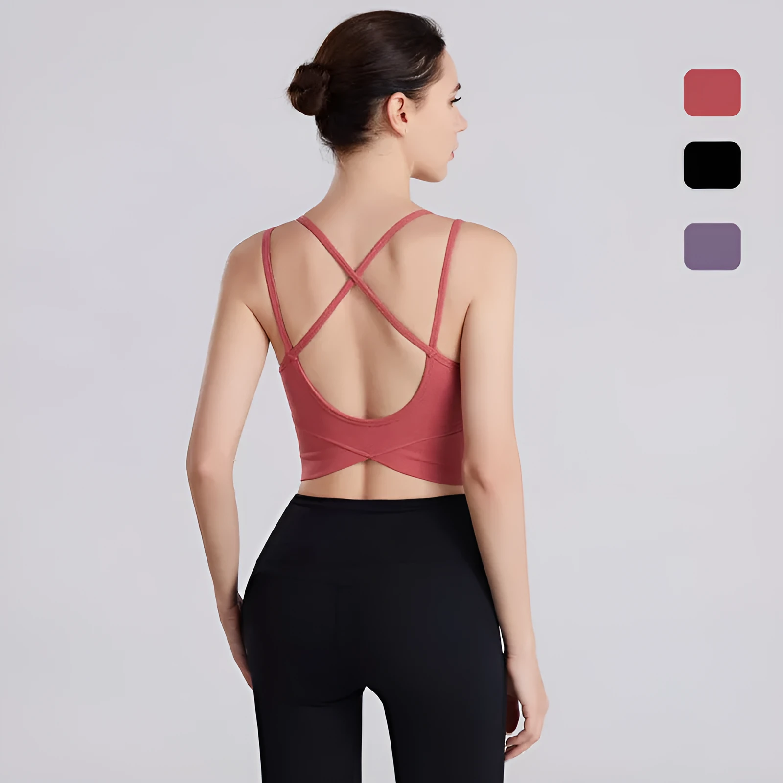 Women's nylon high-stretch long sleeve yoga fitness top in black, pink, and purple