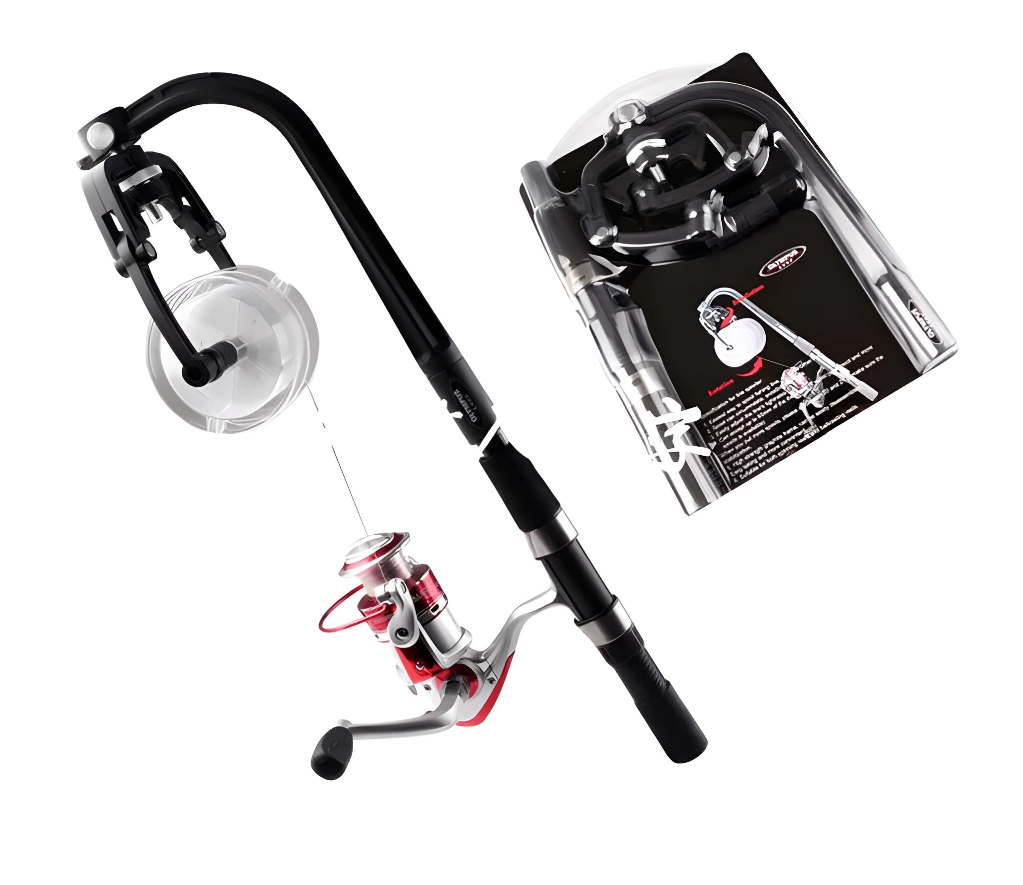 Black fishing line winder tool with adjustable tension mechanism for solo spooling