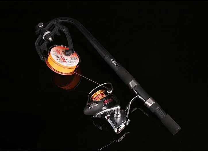 Black fishing line winder tool with adjustable tension mechanism for solo spooling