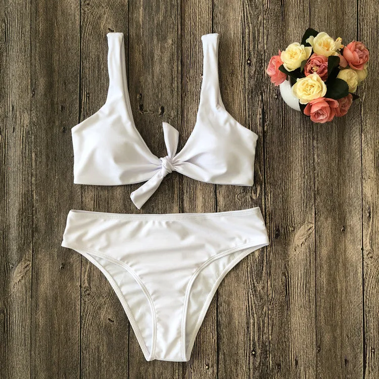 European style solid colour bikini set with bra and panties on white background