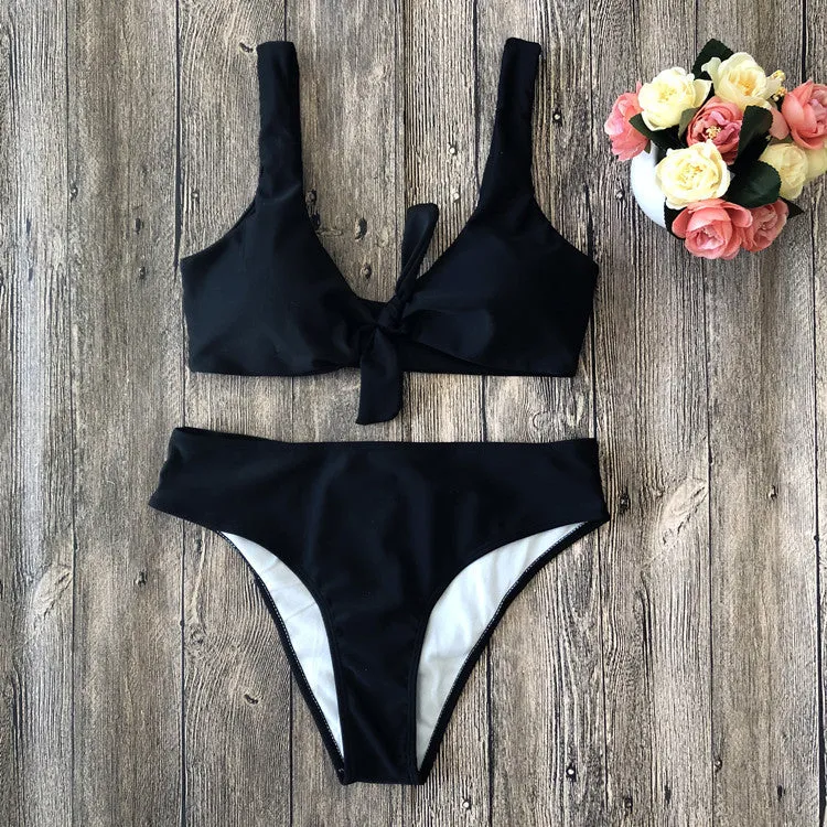 European style solid colour bikini set with bra and panties on white background