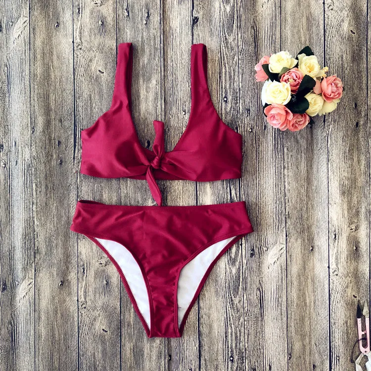 European style solid colour bikini set with bra and panties on white background