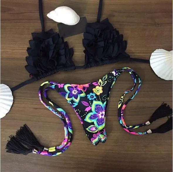Brazil bikini suit with split design in black, rose red, white, and yellow colours