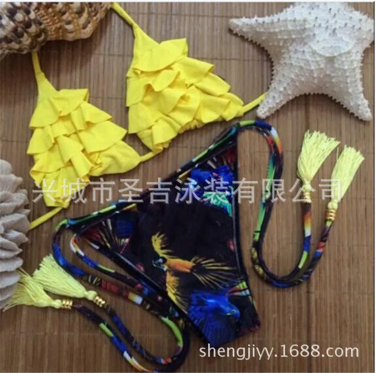 Brazil bikini suit with split design in black, rose red, white, and yellow colours