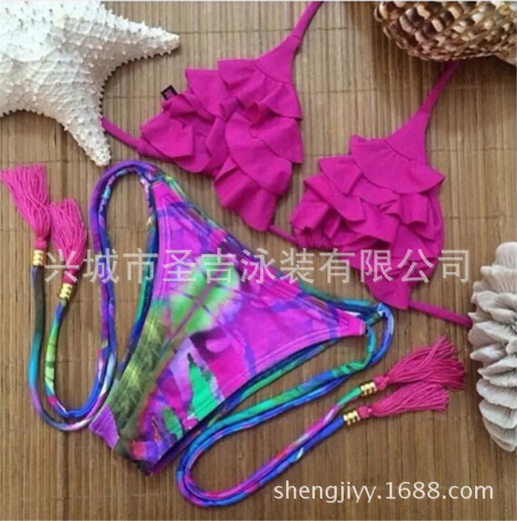 Brazil bikini suit with split design in black, rose red, white, and yellow colours