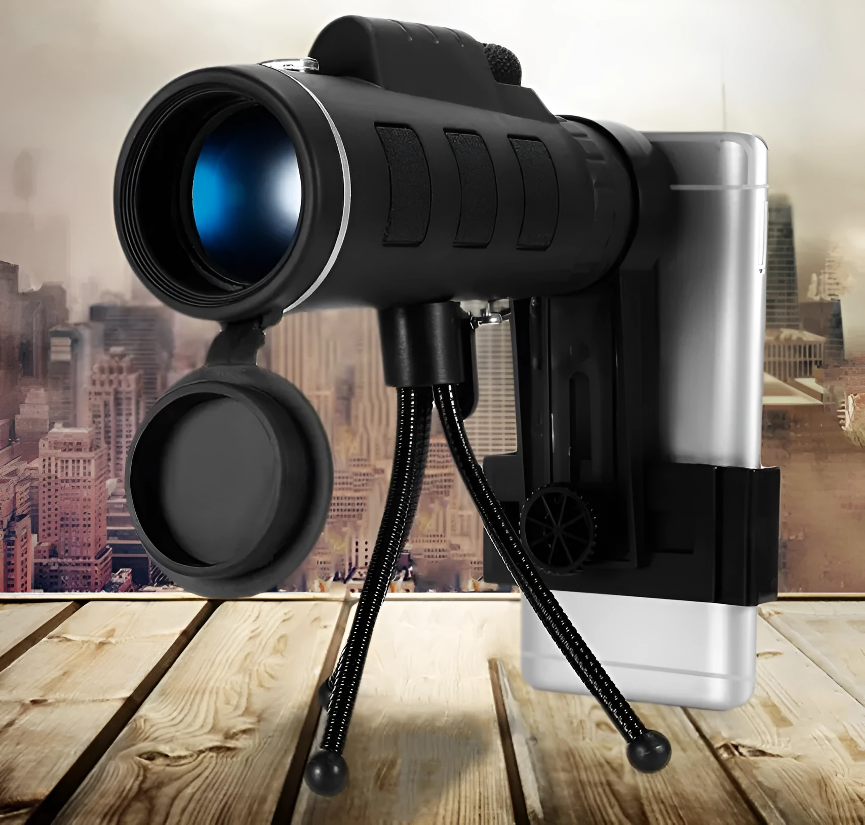 40X60 BAK4 monocular telescope with phone clip tripod and compass in black on grey background