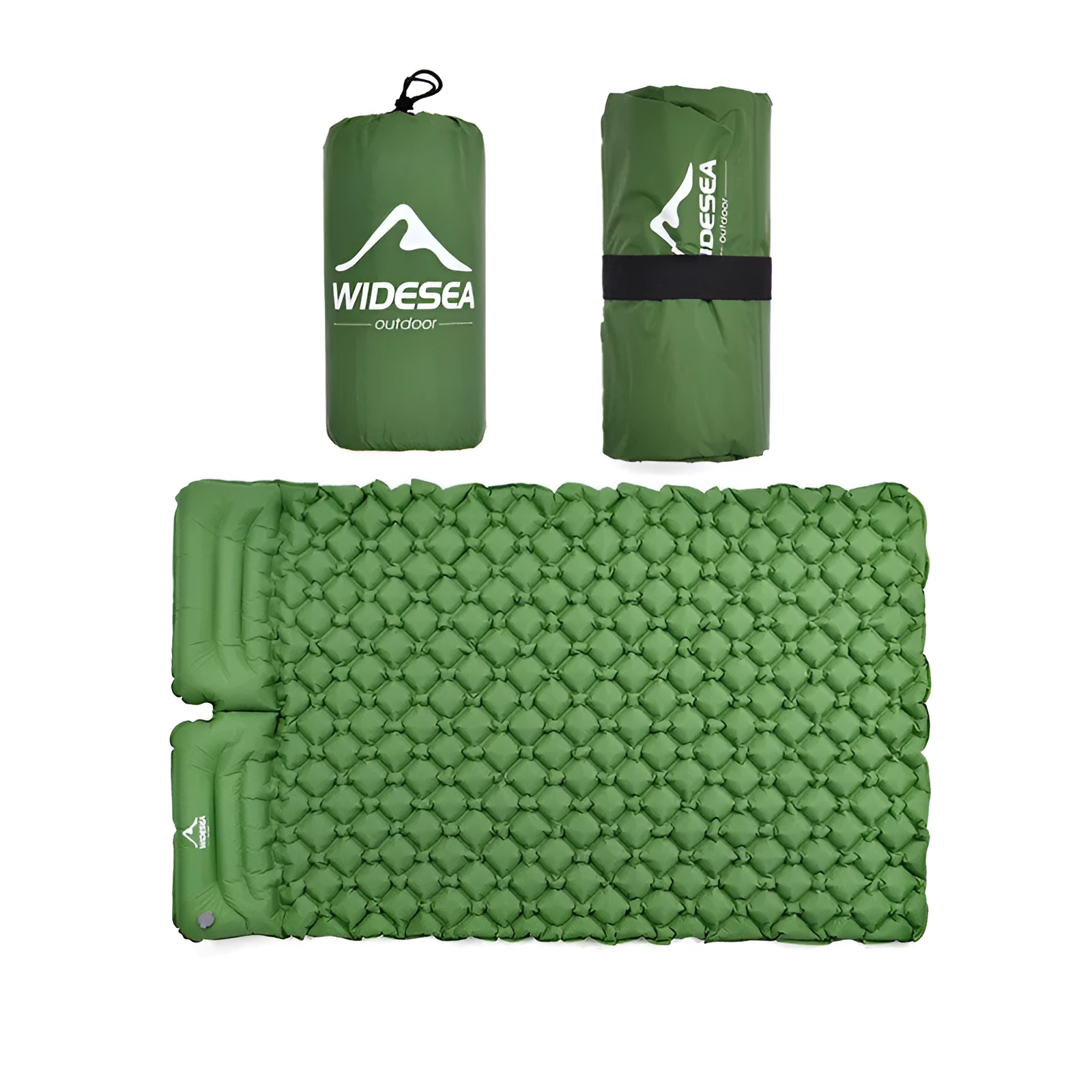 Green inflatable camping mat for two persons made from TPU nylon, shown outdoors on grass