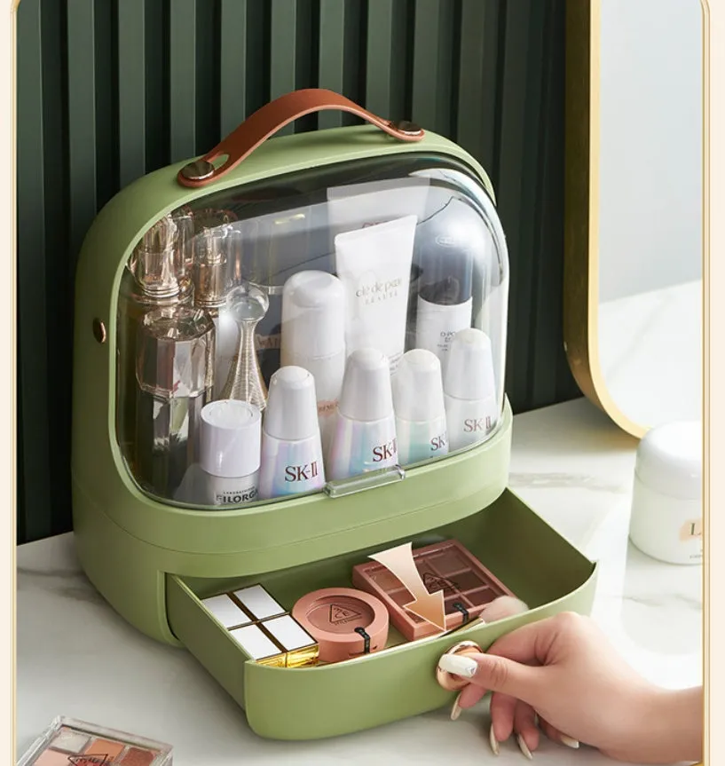 Desktop cosmetics storage box in green PET with dustproof lid and handle