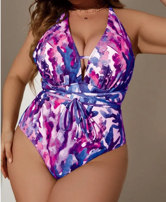 Purple halter neck swimsuit with matching bikini briefs for adult females